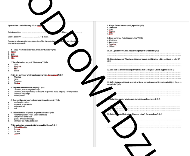 Sprawdzian z treści "Quo vadis" + odpowiedzi, język polski, egzamin ósmoklasisty