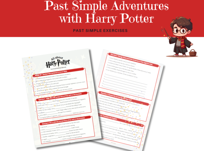 Past Simple adventures with Harry Potter- Zadania gramatyczne na przećwiczenie czasu Past Simple - czasowniki regularne, nieregularne, zdania twierdzące, przeczenia i pytania.