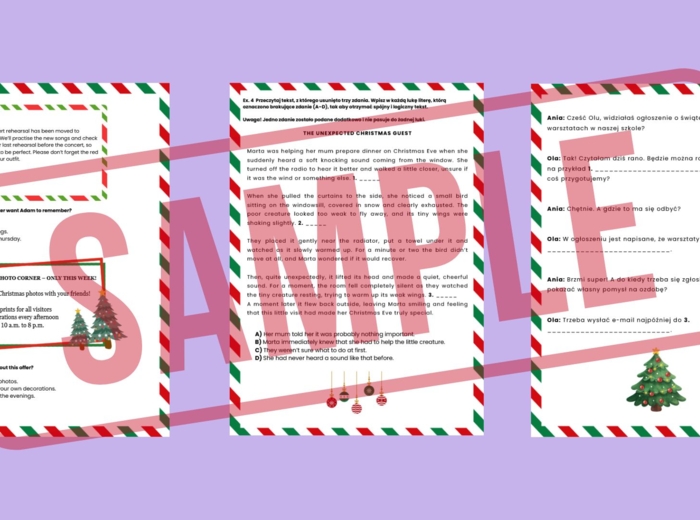 Egzamin 8-klasisty – CHRISTMAS LESSON | Zestaw zadań egzaminacyjnych do e8: reakcje, dialogi, czytanie, tłumaczenia, e-mail + klucz odpowiedzi! (Poziom A2-B1)