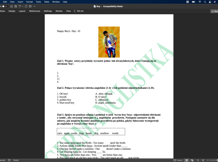 Dzień chłopaka - Boy's Day- ćwiczenia związane z chłopakami :)