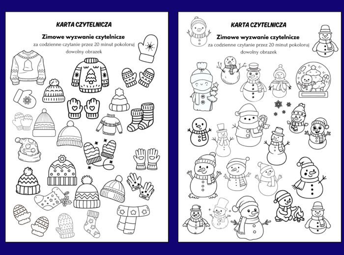 WYZWANIE CZYTELNICZE - zimowe – Karta Czytelnika - 2 wersje  - biblioteka - klasy 1-3