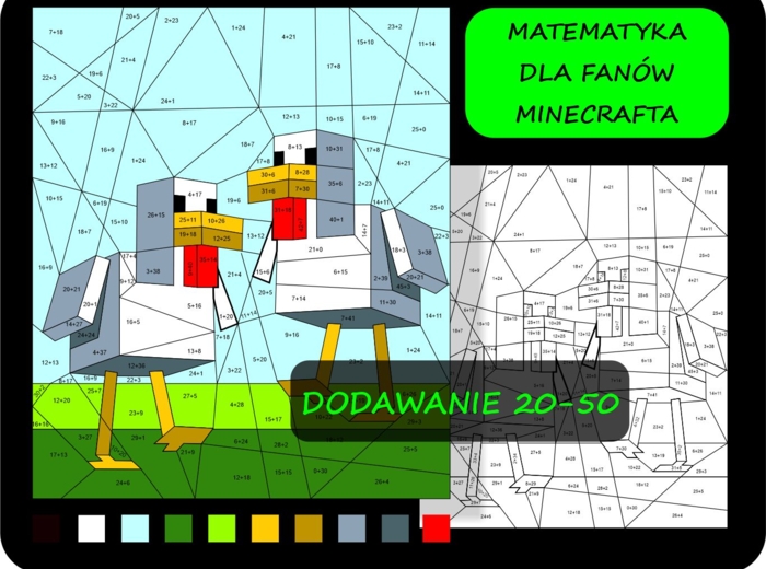 Kolorowanka matematyczna z Minecraft, pokoloruj według wyników dodawania 20-50, dla fanów Minecrafta, doddawanie