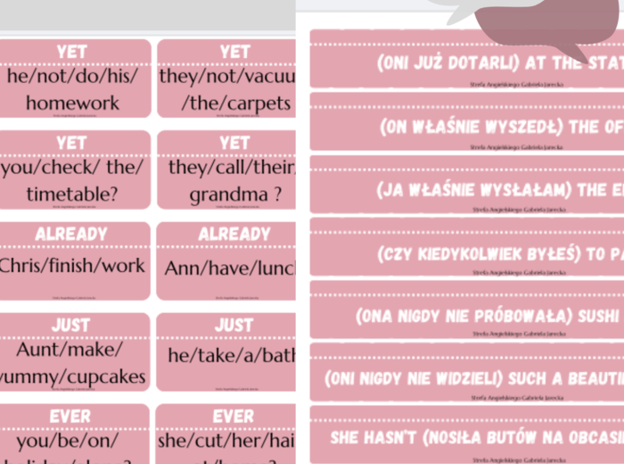 Karty do tworzenia zdań w czasie Present Perfect z yet, already, just, never, ever.