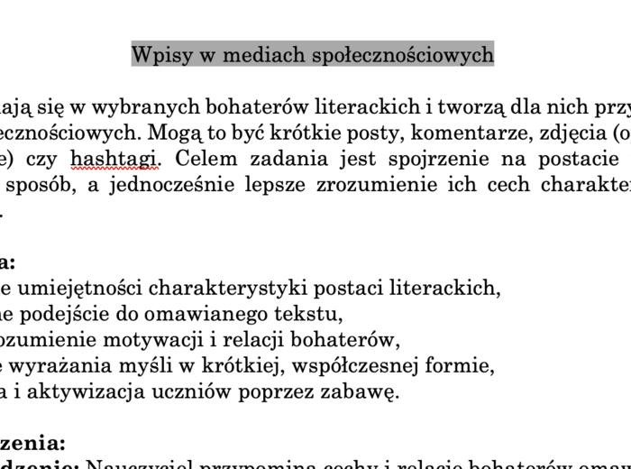 Wpisy w mediach społecznościowych - scenariusz ćwiczenia + szablon
