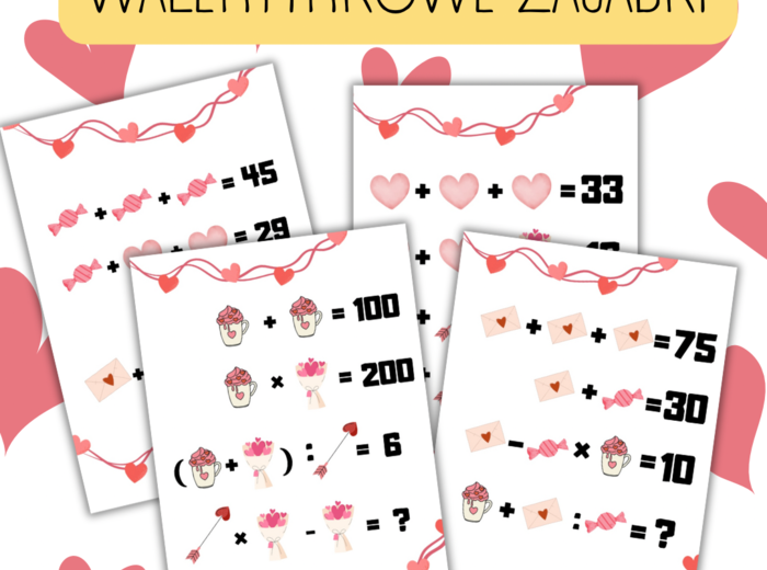 WALENTYNKOWE ZAGADKI - łamigłówki matematyczne. [walentynki, liczby całkowite, działania na liczbach całkowitych}