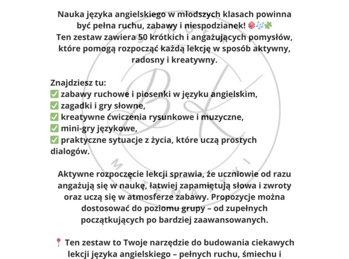 50 aktywnych pomysłów na rozpoczęcie lekcji języka angielskiego w klasach 1-3