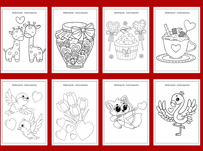 WALENTYNKI – kolorowanka – kolorowanki – biblioteka – świetlica – przedszkole – 30 wersji