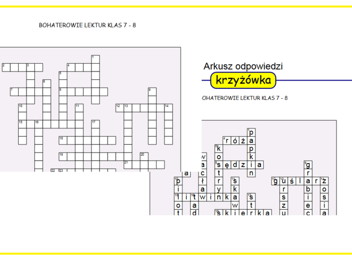 KRZYŻÓWKA Bohaterowie lektur klas 7 - 8 egzamin ósmoklasisty