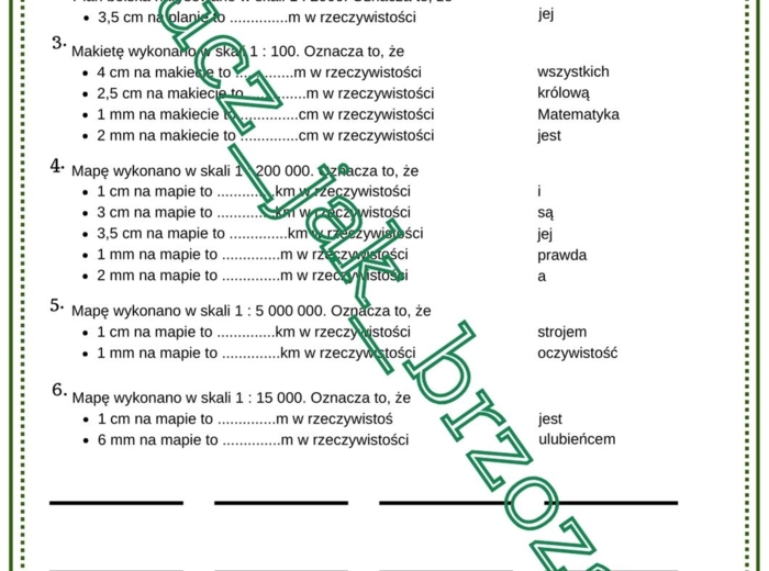 Skala na planach i mapach, klasa 6, karta pracy z hasłem