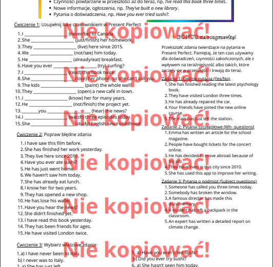 Karta pracy 🌟 Grammar in Action – ćwiczenia z Present Simple, Present Continuous i Present Perfect! 🌟 B1-B2