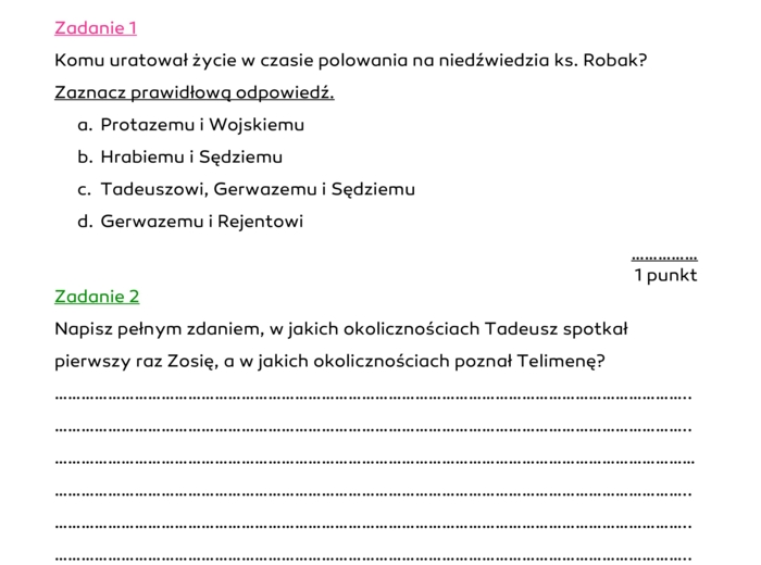 "Pan Tadeusz" Adama Mickiewicza, SZYBKI TESTO-SPRAWDZIAN