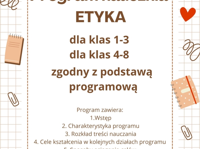 Program nauczania ETYKA klasy 1-3 oraz 4-8, wymagania edukacyjne, rozkład materiału, dokumentacja