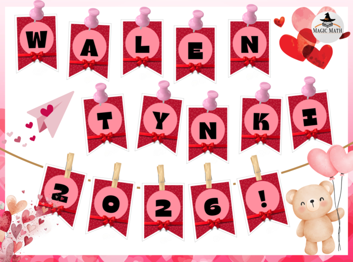 GIRLANDA Walentynkowa – Napis WALENTYNKI do Druku (PDF) – Dekoracja Sali