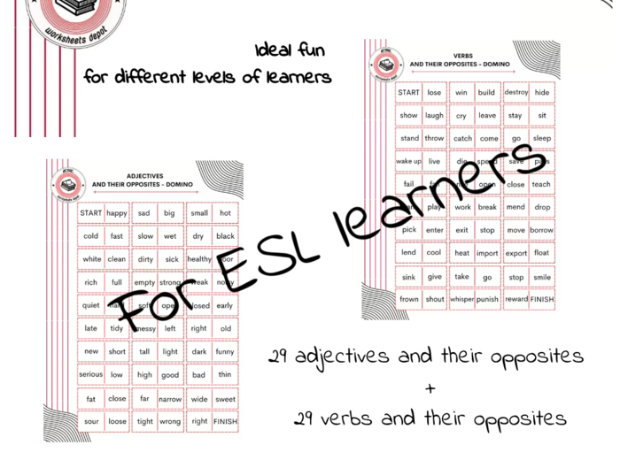 Język angielski - Domino - przymiotniki i czasowniki i ich przeciwieństwa