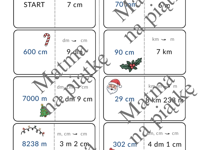 JEDNOSTKI DŁUGOŚCI W ŚWIĄTECZNYM WYDANIU/DOMINO/GRA/Praktyczne Zastosowania matematyki/Klasa 4 SP./ Klasa 5 SP./ Klasa 6 SP.