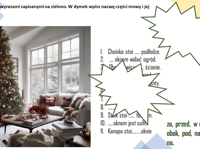 Świąteczna uzupełnianka z przyimkami.
