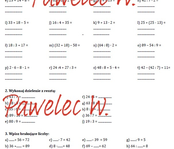 Kolejność wykonywania działań, dzielenie z resztą, potęgowanie - karta pracy, kl. 5