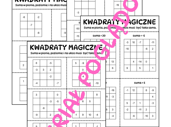 Kwadraty magiczne - liczby całkowite. Klasa 5. Klasa 6