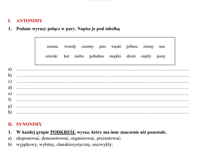 Antonimy - homonimy - synonimy. Karta pracy