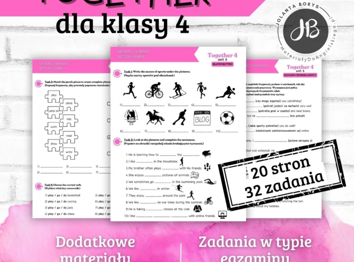 Together 4 Unit 6: Out and about! - materiały dodatkowe: słownictwo, gramatyka, komunikacja, czytanie, egzamin ósmoklasisty - karty pracy, ćwiczenia