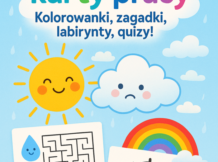 Karty pracy: kolorowanki związane z pogodą, labirynty, łączenie kropek.