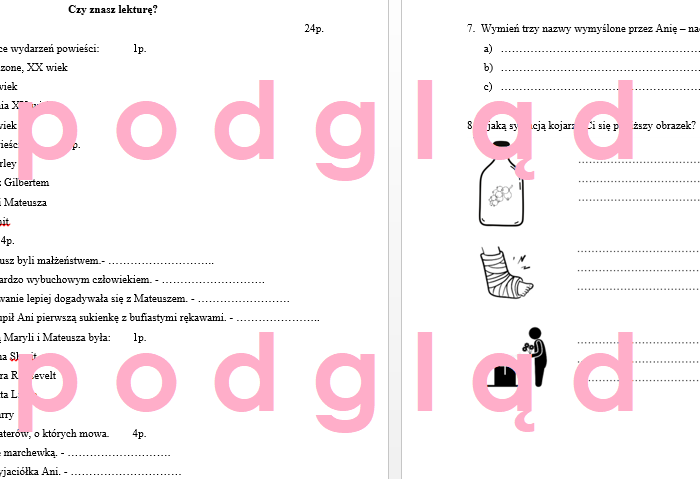 "Ania z Zielonego Wzgórza" - test, kartkówka ze znajomości lektury + klucz odpowiedzi