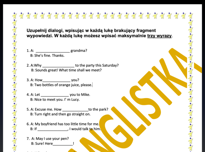 Uzupełnianie fragmentów dialogów z kluczem- EGZAMIN ÓSMOKLASISTY- J. ANGIELSKI