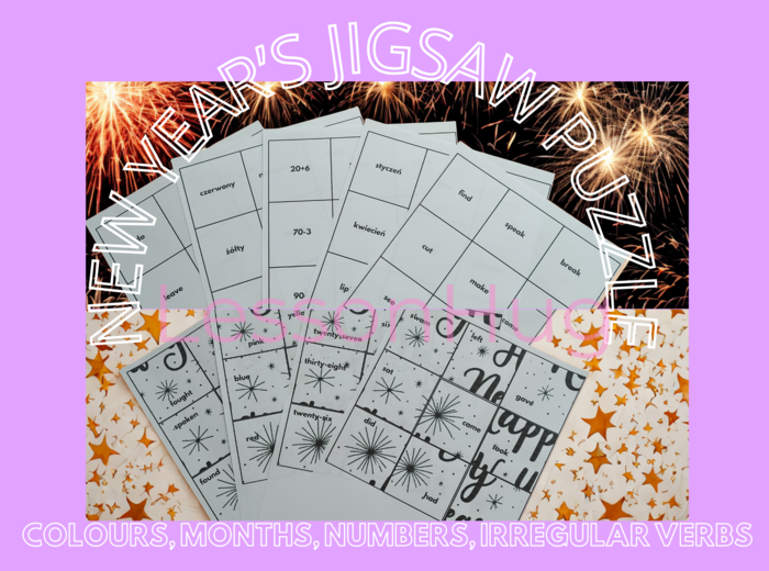 New Year's jigsaw puzzle: colours, numbers,months, irregular verbs