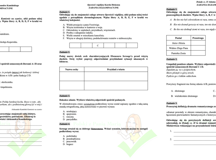 Zestaw zadań egzaminacyjnych do lektur “Dziady cz. II”, “Opowieść wigilijna”, “Kamienie na szaniec” W ZESTAWIE TANIEJ