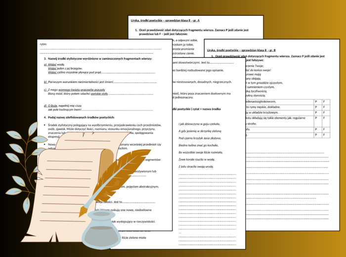 🌹LIRYKA - środki poetyckie - sprawdzian 2 grupy - kl.7-8 + odpowiedzi
