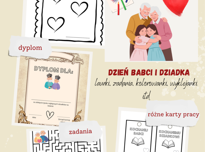 DZIEŃ BABCI I DZIADKA -LAURKI, POMYSŁY NA KARTY PRACY, KOLOROWANKI, ZADANIA