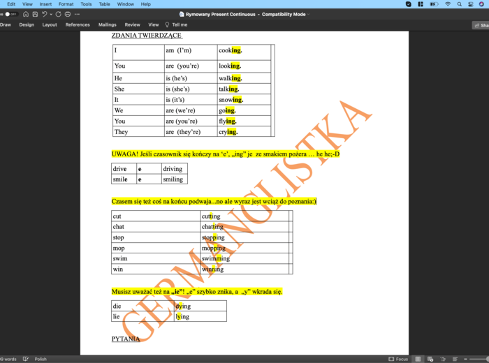 Rymowany Present Continuous