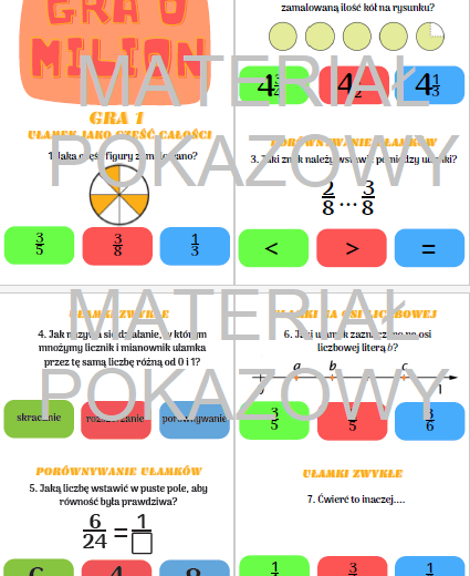 Gra o milion - powtórzenie z ułamków zwykłych dla klasy 4