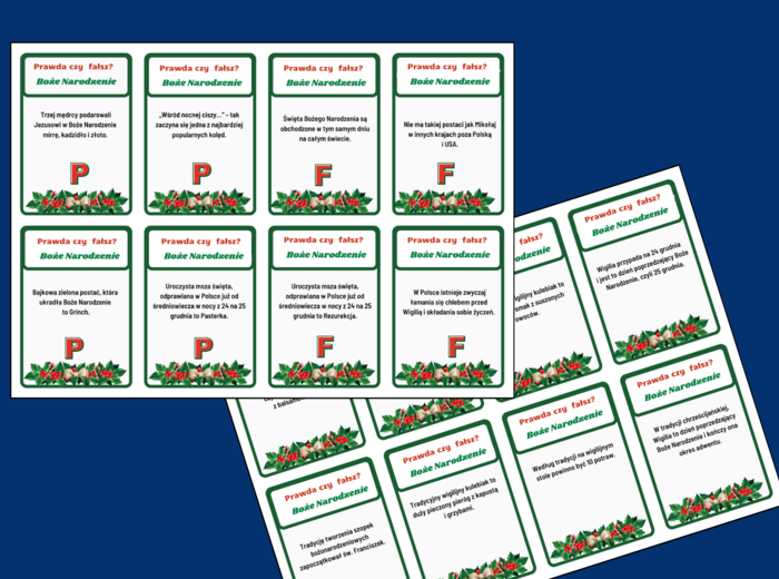 BOŻE NARODZENIE – 48 fiszek – fiszki – PRAWDA – FAŁSZ - biblioteka - świetlica + ODPOWIEDZI