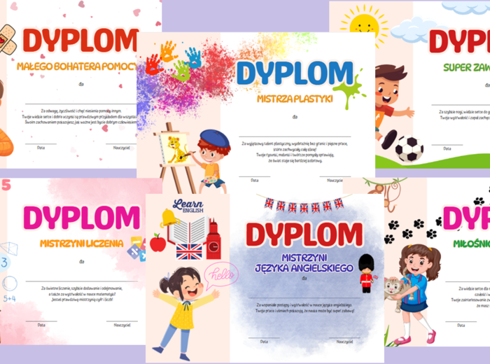 Kreatywne dyplomy dla dzieci - 30 wzorów
