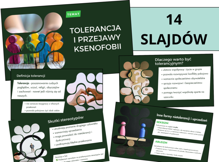 Prezentacja WOS – Tolerancja i przejawy ksenofobii | Klasa 8 | 14 slajdów, możliwość edycji