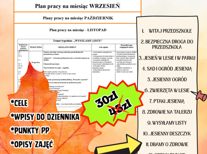 PLANY PRACY -JESIEŃ (plany do edycji z wpisami do dziennika, celami, punktami PP, materiałami do druku)