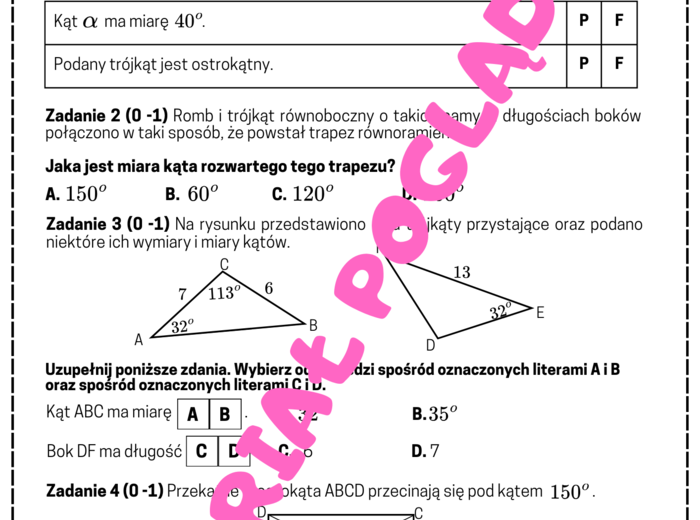 PAKIET Geometria - egzamin ósmoklasisty. Kąty, pola, twierdzenie Pitagorasa, trójkąty 30,60,60 i 45,45,90. Klasa 8. Klasa 7