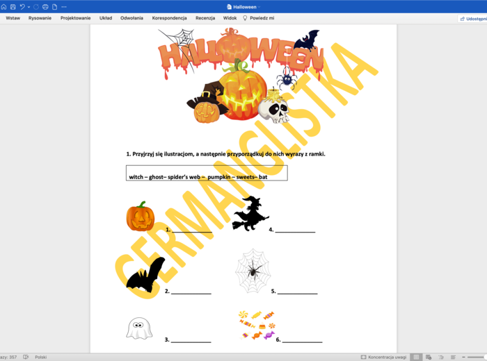 Halloweenowe ćwiczenia + klucz+ słowniczek