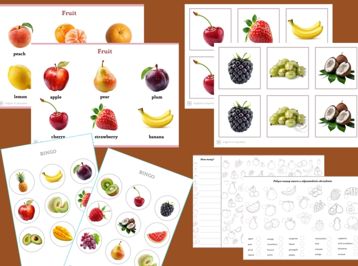 Angielski – komplet materiałów z zakresu leksykalnego OWOCE; Memory, BINGO, ćwiczenia Materiał cyfrowy