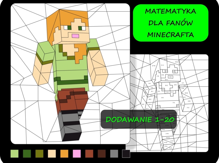 Kolorowanka według wyników dodawania, dodawanie 1-20, Minecraft, matematyka dla fanów Minecrafta