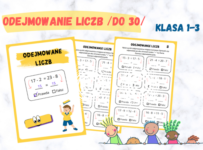 Odejmowanie do 30 - karta pracy dla dwóch grup, kartkówka