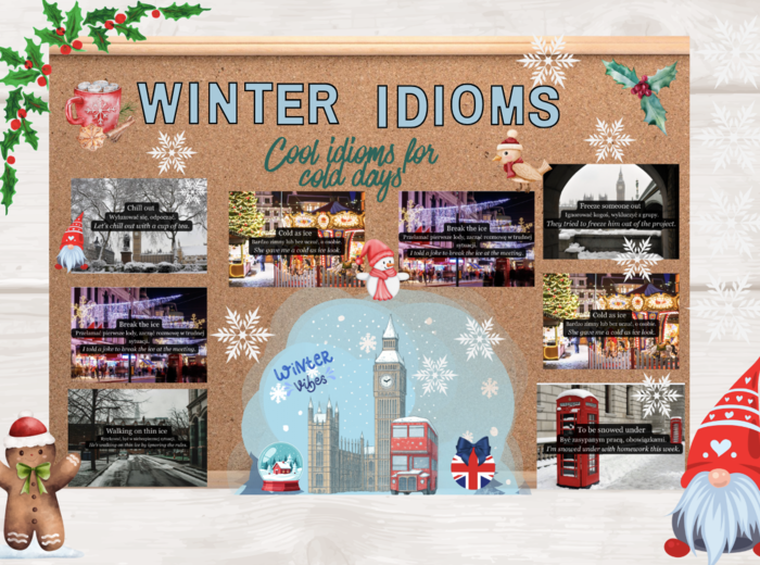 ❄️🇬🇧 Gazetka językowa „WINTER IDIOMS” 🇬🇧❄️8 plansz z idiomami, tłumaczeniem i przykładem zdania| Edukacyjna i kolorowa dekoracja klasy lub korytarza