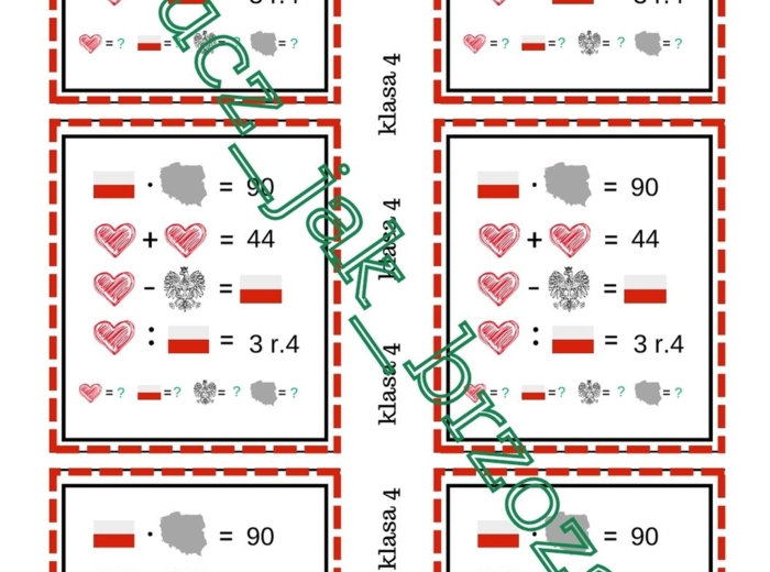 Zagadki obrazkowe, łamigłówki, 11 listopada, święto niepodległości, działania na liczbach