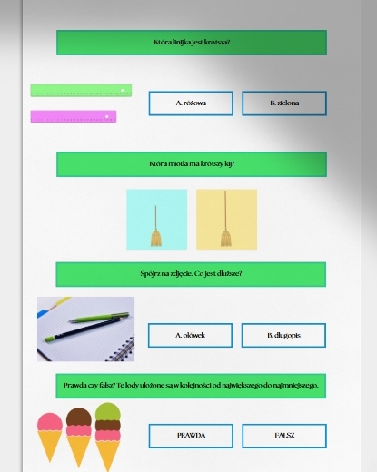 Duży czy mały? Szeroki czy wąski? Sprawdzian. Karta pracy