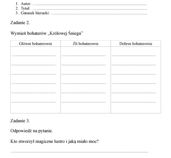 Karta pracy sprawdzająca znajomość "Królowej Śniegu"