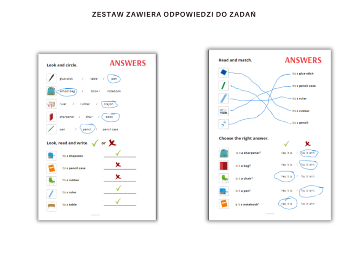 School supplies, objects and equipment - przybory szkolne, dodatkowe karty pracy do nauki słownictwa, język angielski, czytanie, pisanie po sladzie, słowniczek, dodatkowo mini karty obrazkowe, klasa 1,2,