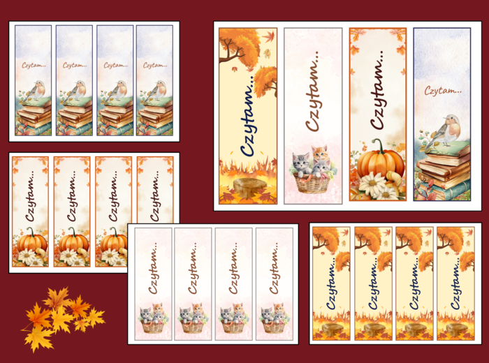 🍁 „Czytam…” – JESIENNE zakładki do książek – 🍂zakładka – biblioteka – jesień – wersja 3