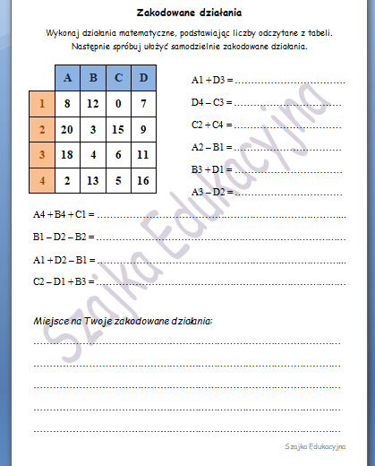 Zakodowane działania - matematyczna karta pracy