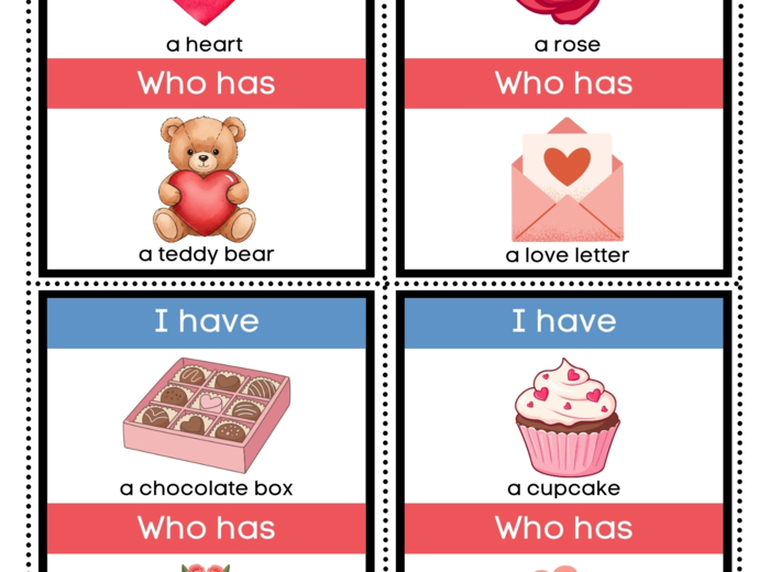 I HAVE... WHO HAS...? - VALENTINE'S DAY | Gra Ja mam, Kto ma w języku angielskim do ćwiczenia słownictwa (WALENTYNKI) ESL (A1)